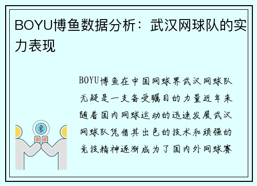 BOYU博鱼数据分析：武汉网球队的实力表现